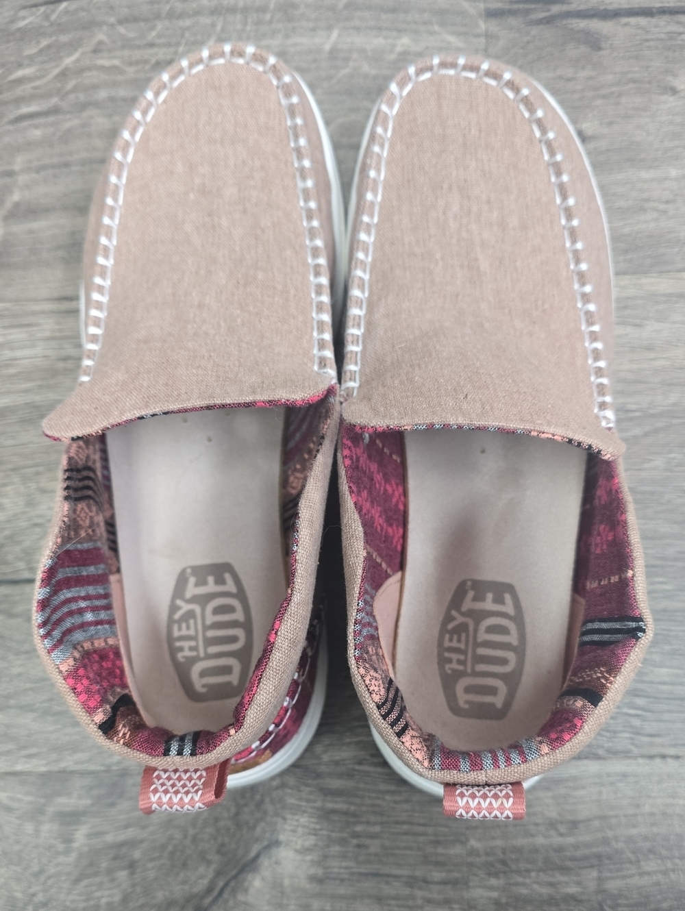 Hey Dude Women's Slip-On Moccasins in Dusty Rose with Patterned Trim